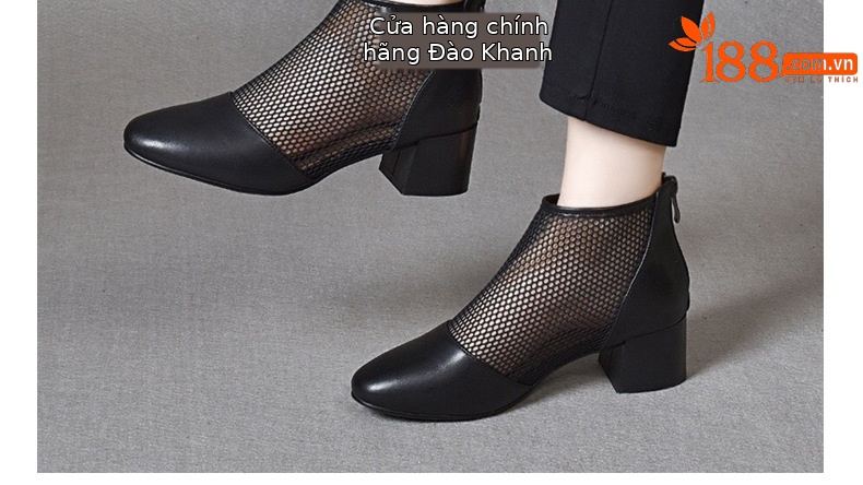 Giày boot ngắn lưới da thật mũi tròn gót dày thoáng khí — Màu đen da cừu chi tiết 2