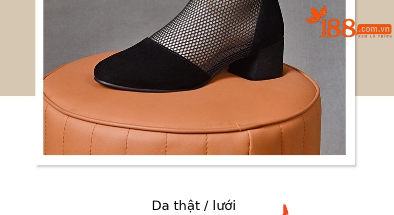 Giày boot ngắn lưới da thật mũi tròn gót dày thoáng khí — Màu đen da cừu chi tiết 5