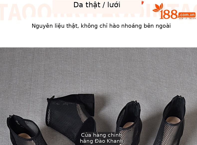 Giày boot ngắn lưới da thật mũi tròn gót dày thoáng khí — Màu đen da cừu chi tiết 6