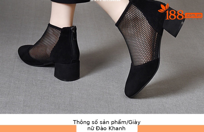 Giày boot ngắn lưới da thật mũi tròn gót dày thoáng khí — Màu đen da cừu chi tiết 9