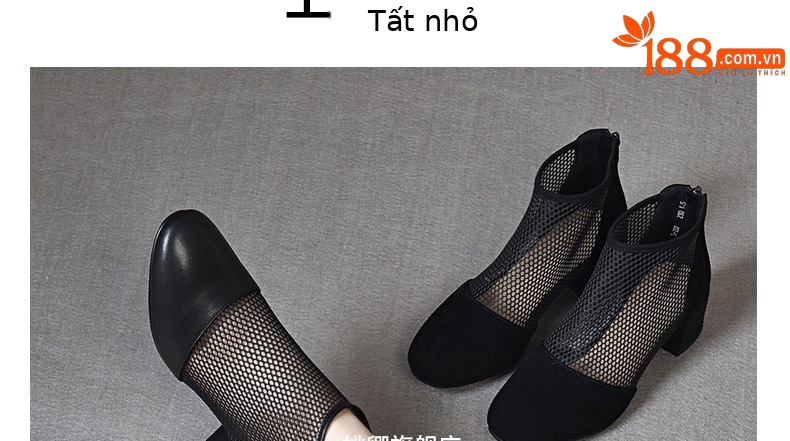 Giày boot ngắn lưới da thật mũi tròn gót dày thoáng khí — Màu đen da cừu chi tiết 18