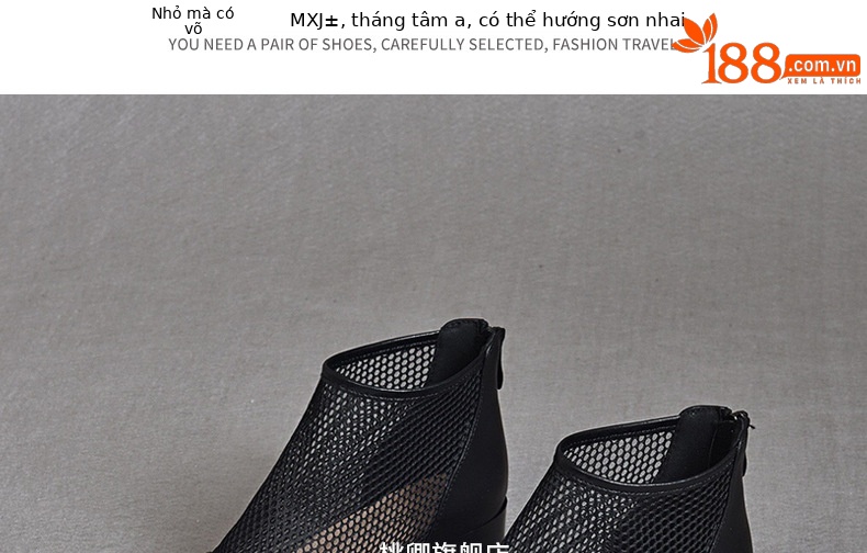Giày boot ngắn lưới da thật mũi tròn gót dày thoáng khí — Màu đen da cừu chi tiết 20