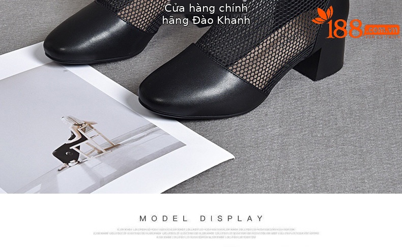 Giày boot ngắn lưới da thật mũi tròn gót dày thoáng khí — Màu đen da cừu chi tiết 21