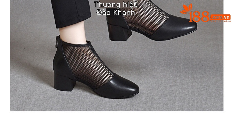 Giày boot ngắn lưới da thật mũi tròn gót dày thoáng khí — Màu đen da cừu chi tiết 23