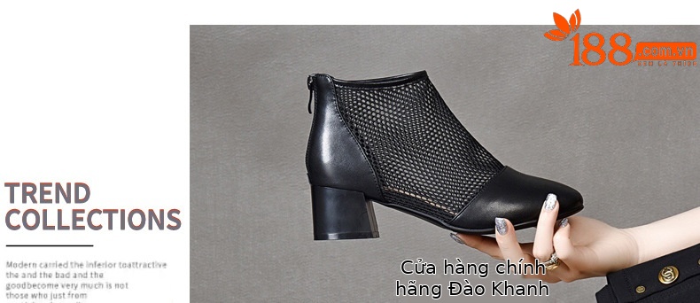 Giày boot ngắn lưới da thật mũi tròn gót dày thoáng khí — Màu đen da cừu chi tiết 24