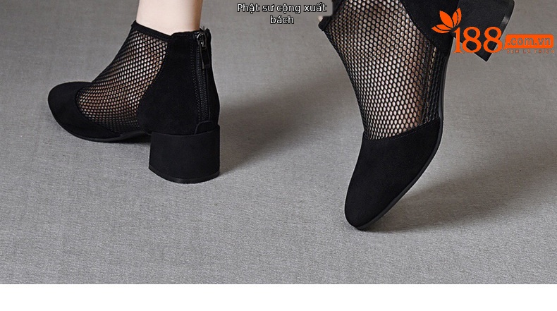 Giày boot ngắn lưới da thật mũi tròn gót dày thoáng khí — Màu đen da cừu chi tiết 27