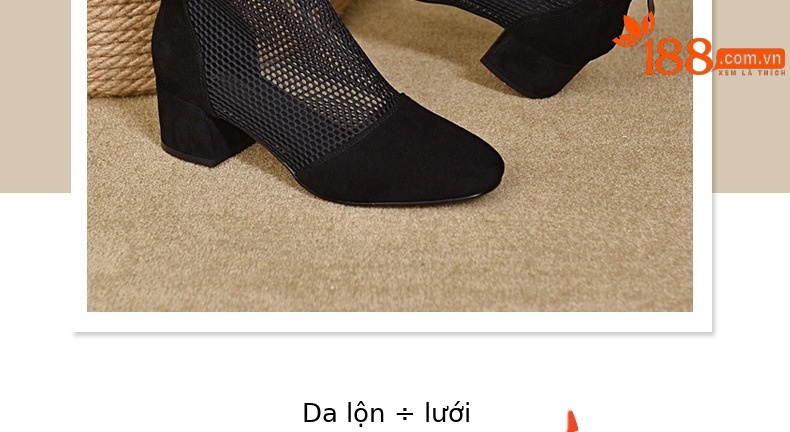Giày boot lưới nữ mũi tròn gót thấp 2.5 cm, cổ thấp phối lưới thoáng khí — Da bò đen cao 2.5 cm chi tiết 5