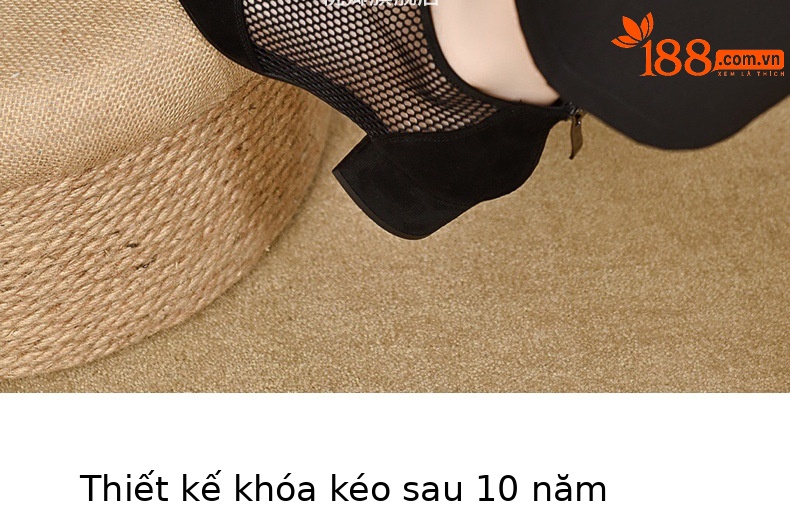 Giày boot lưới nữ mũi tròn gót thấp 2.5 cm, cổ thấp phối lưới thoáng khí — Da bò đen cao 2.5 cm chi tiết 7