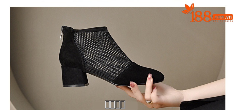 Giày boot lưới nữ mũi tròn gót thấp 2.5 cm, cổ thấp phối lưới thoáng khí — Da bò đen cao 2.5 cm chi tiết 22