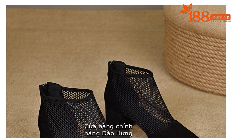 Giày boot lưới nữ mũi tròn gót thấp 2.5 cm, cổ thấp phối lưới thoáng khí — Da bò đen cao 2.5 cm chi tiết 31