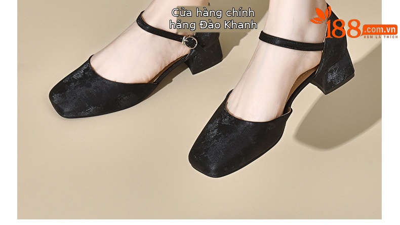 Sandal nữ da thật mũi kín gót dày phong cách Trung Quốc — Màu đen chi tiết 2