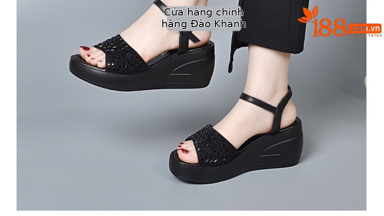 Dép đế xuồng nữ cao gót thoải mái, kiểu mới hè, da đen — Màu đen chi tiết 2