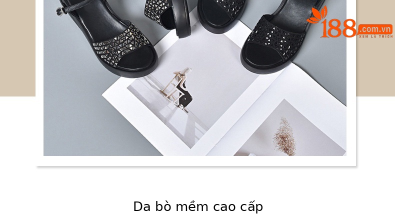 Dép đế xuồng nữ cao gót thoải mái, kiểu mới hè, da đen — Màu đen chi tiết 5
