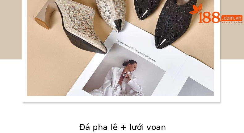 Giày mule nữ mũi nhọn chất liệu lưới thoáng khí, gót cao — Màu Sâm panh chi tiết 5