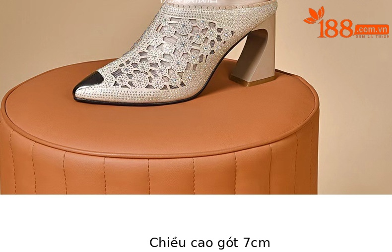 Giày mule nữ mũi nhọn chất liệu lưới thoáng khí, gót cao — Màu Sâm panh chi tiết 7