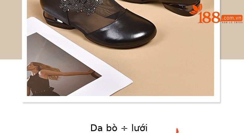 Sandal da bò lưới thoáng mũi tròn đế bệt cho nữ — Màu đen da bò chi tiết 5
