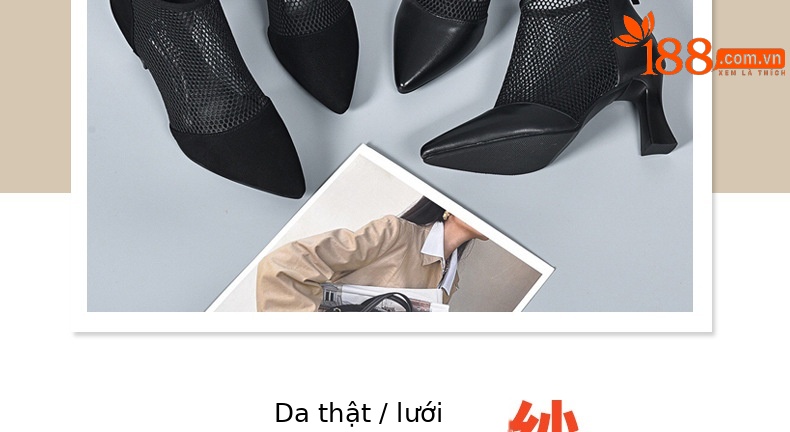 Giày boot ngắn lưới khoét lỗ mũi nhọn gót dày da thật cổ cao — Da cừu lộn màu đen chi tiết 5