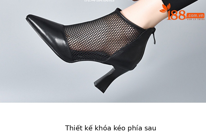 Giày boot ngắn lưới khoét lỗ mũi nhọn gót dày da thật cổ cao — Da cừu lộn màu đen chi tiết 7