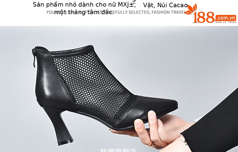 Giày boot ngắn lưới khoét lỗ mũi nhọn gót dày da thật cổ cao — Da cừu lộn màu đen chi tiết 19