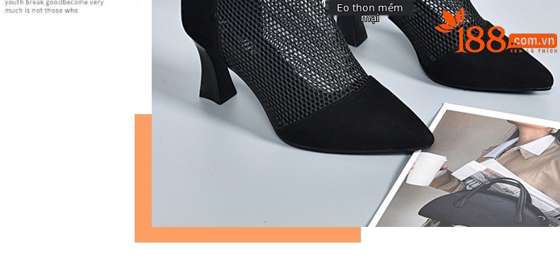 Giày boot ngắn lưới khoét lỗ mũi nhọn gót dày da thật cổ cao — Da cừu lộn màu đen chi tiết 24