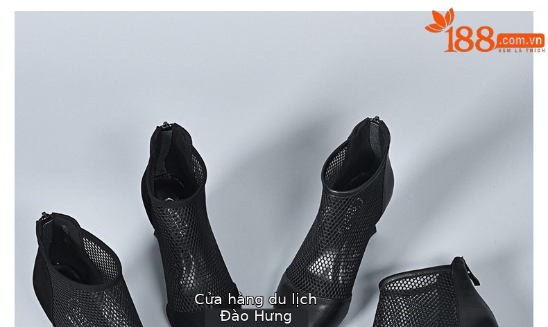 Giày boot ngắn lưới khoét lỗ mũi nhọn gót dày da thật cổ cao — Da cừu lộn màu đen chi tiết 30
