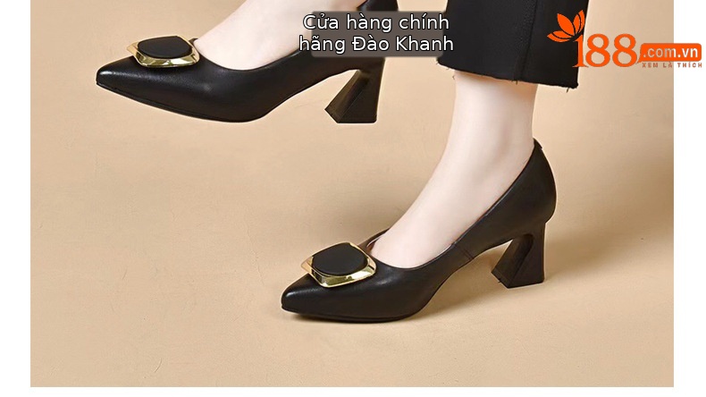 Giày cao gót nữ da thật mũi nhọn miệng nông gót dày màu đen — Màu đen chi tiết 2