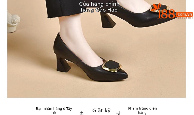 Giày cao gót nữ da thật mũi nhọn miệng nông gót dày màu đen — Màu đen chi tiết 18