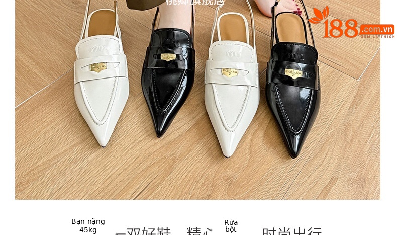 Giày sandal hở lưng nữ mũi nhọn gót thấp da mềm — Màu đen chi tiết 19