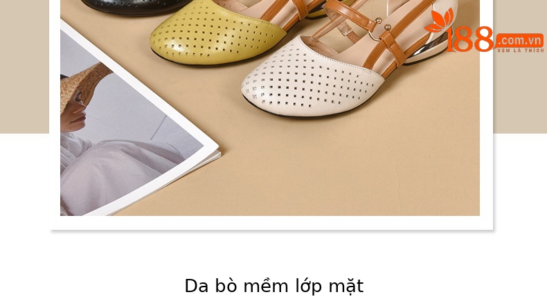 Sandal nữ da thật mũi tròn gót vuông đế mềm khoét lỗ hè — Màu đen chi tiết 5