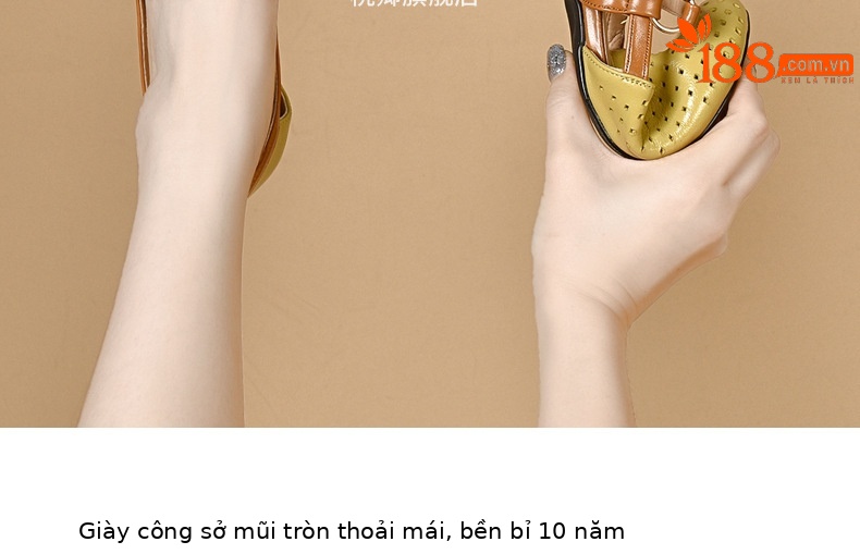 Sandal nữ da thật mũi tròn gót vuông đế mềm khoét lỗ hè — Màu đen chi tiết 7