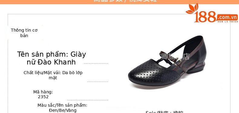 Sandal nữ da thật mũi tròn gót vuông đế mềm khoét lỗ hè — Màu đen chi tiết 10