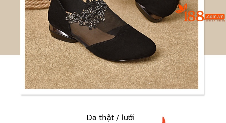 Giày sandal nữ da cừu mềm lưới thoáng khí mũi tròn đế bệt — Màu đen chi tiết 5