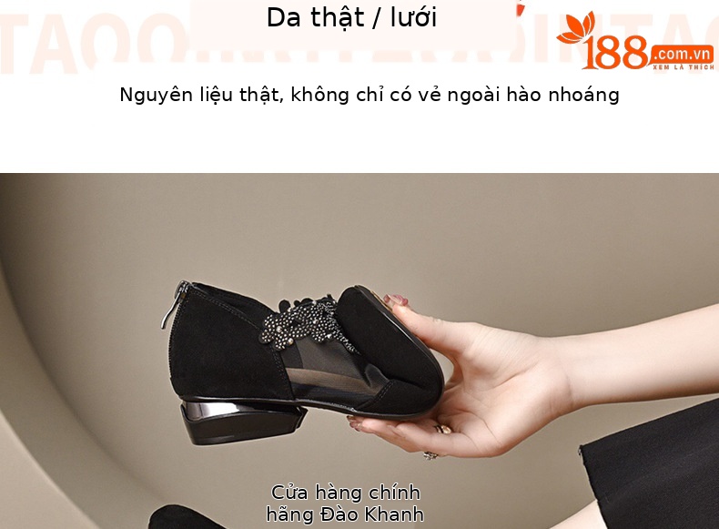 Giày sandal nữ da cừu mềm lưới thoáng khí mũi tròn đế bệt — Màu đen chi tiết 6
