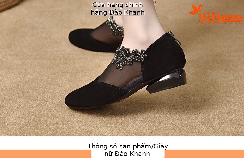Giày sandal nữ da cừu mềm lưới thoáng khí mũi tròn đế bệt — Màu đen chi tiết 9
