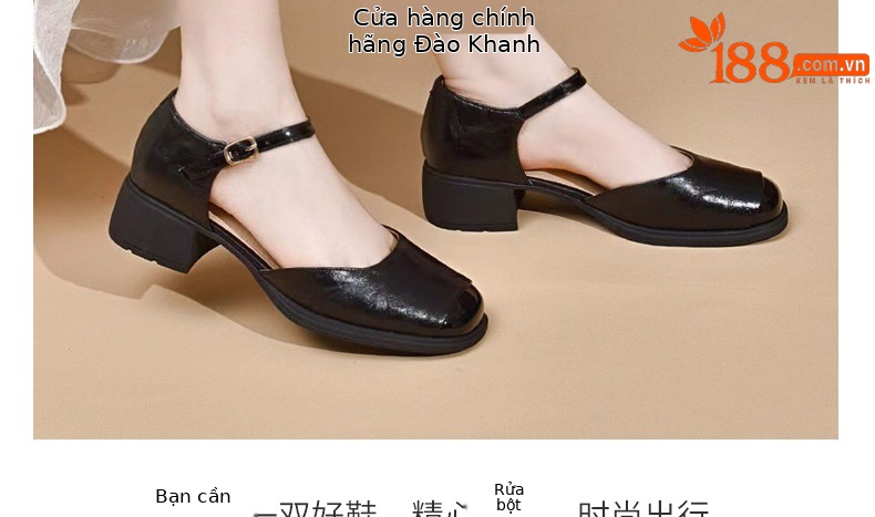 Dép sandal nữ da thật mũi vuông retro quai ngang đế xuồng — Màu nâu chi tiết 19
