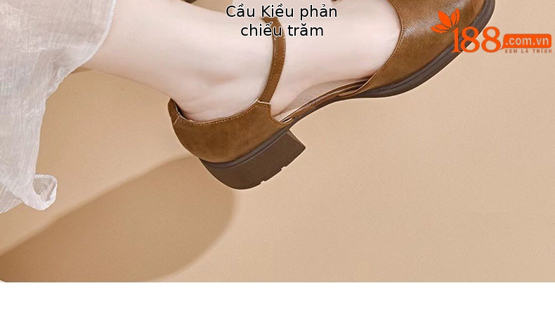 Dép sandal nữ da thật mũi vuông retro quai ngang đế xuồng — Màu nâu chi tiết 27
