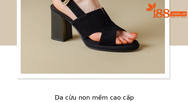 Sandal da thật đế xuồng La Mã nữ mũi hở gót cao — Màu đen chi tiết 5