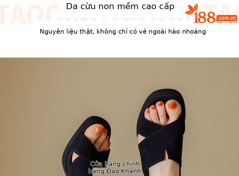 Sandal da thật đế xuồng La Mã nữ mũi hở gót cao — Màu đen chi tiết 6