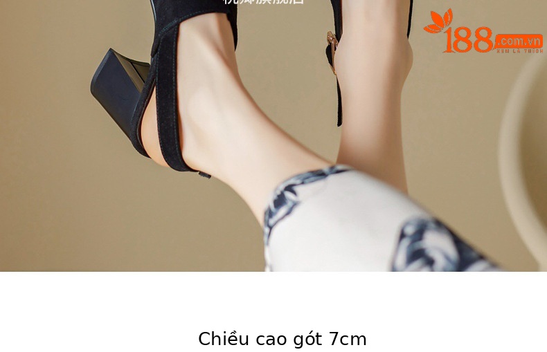 Sandal da thật đế xuồng La Mã nữ mũi hở gót cao — Màu đen chi tiết 7