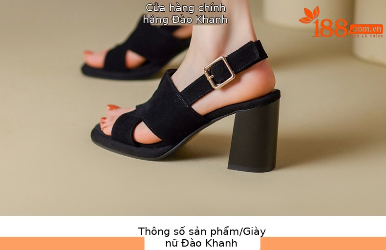 Sandal da thật đế xuồng La Mã nữ mũi hở gót cao — Màu đen chi tiết 9