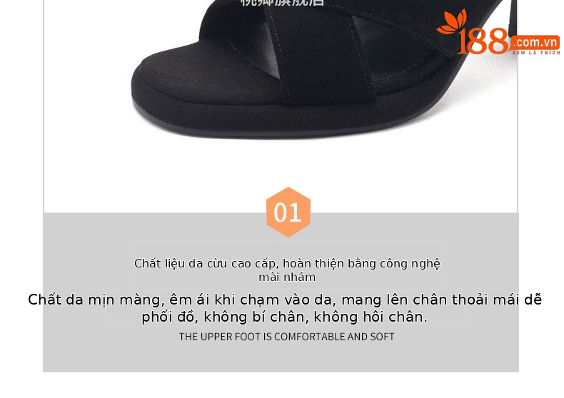 Sandal da thật đế xuồng La Mã nữ mũi hở gót cao — Màu đen chi tiết 13