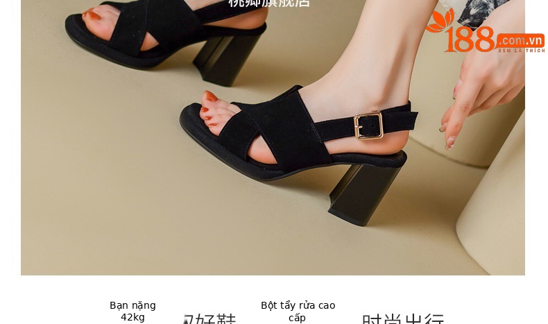 Sandal da thật đế xuồng La Mã nữ mũi hở gót cao — Màu đen chi tiết 19