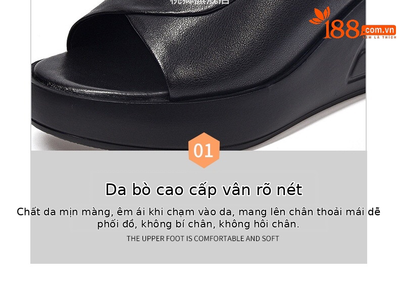 Dép sandal nữ đế xuồng da thật gót cao 9 cm phong cách thời trang — Màu đen chi tiết 13