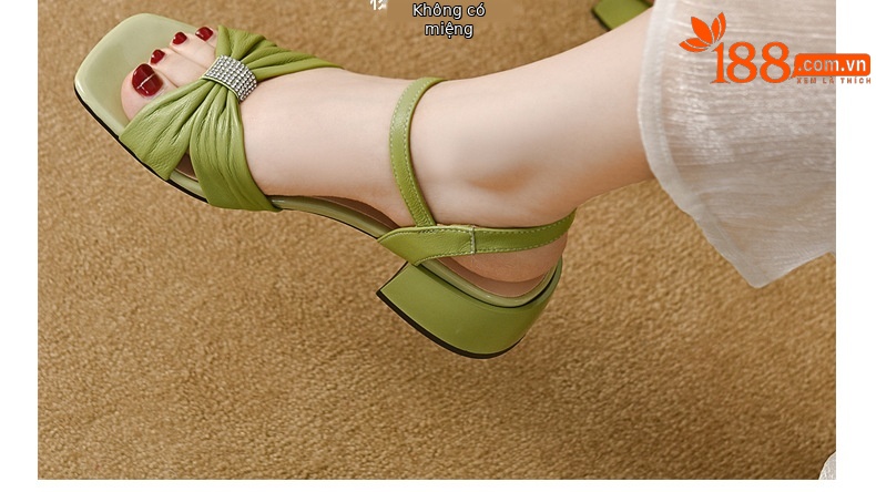 Sandal quai ngang da cừu mềm gót dày 9 cm — Màu đen chi tiết 2