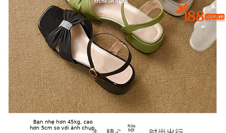 Sandal quai ngang da cừu mềm gót dày 9 cm — Màu đen chi tiết 19