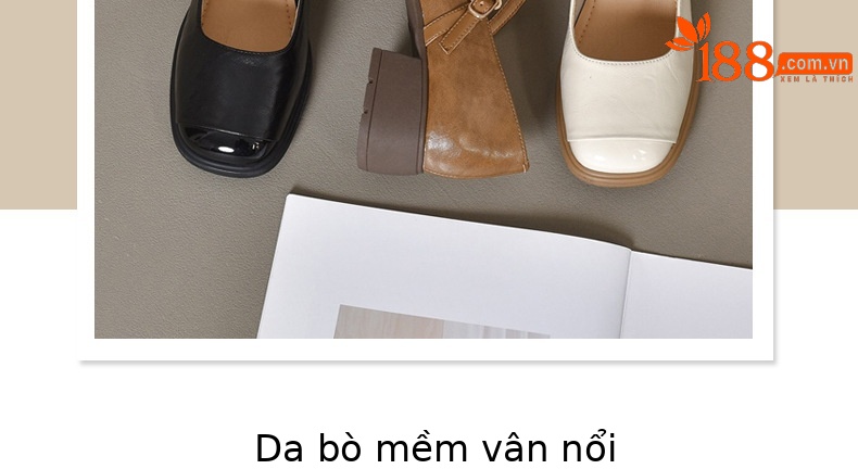 Giày nữ mũi vuông da thật gót vuông retro đế mềm — Màu nâu chi tiết 5