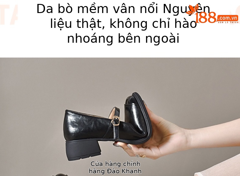 Giày nữ mũi vuông da thật gót vuông retro đế mềm — Màu nâu chi tiết 6