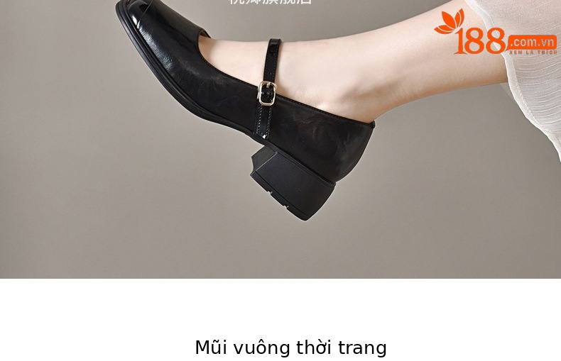 Giày nữ mũi vuông da thật gót vuông retro đế mềm — Màu nâu chi tiết 7