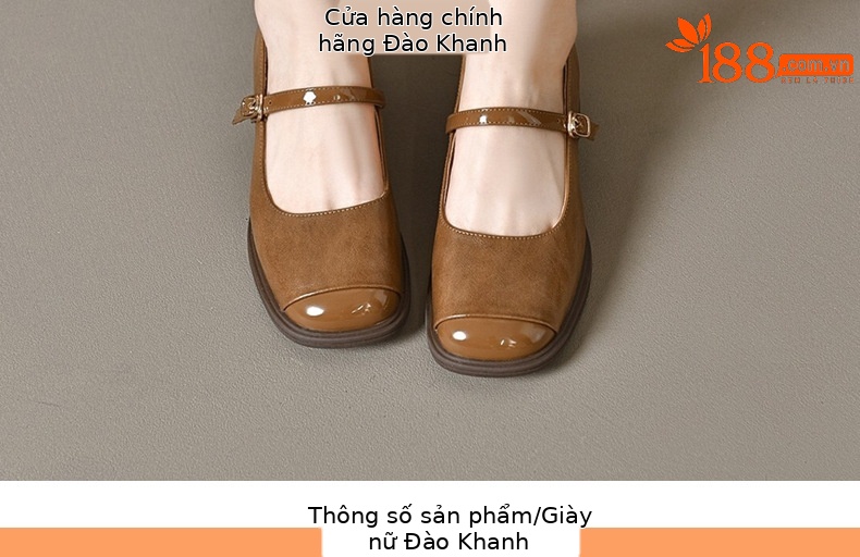 Giày nữ mũi vuông da thật gót vuông retro đế mềm — Màu nâu chi tiết 9