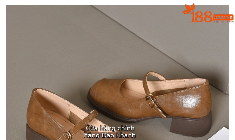 Giày nữ mũi vuông da thật gót vuông retro đế mềm — Màu nâu chi tiết 31